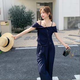 藏青色小众轻熟风气质一字肩吊带套装女2026夏季新款阔腿裤两件套