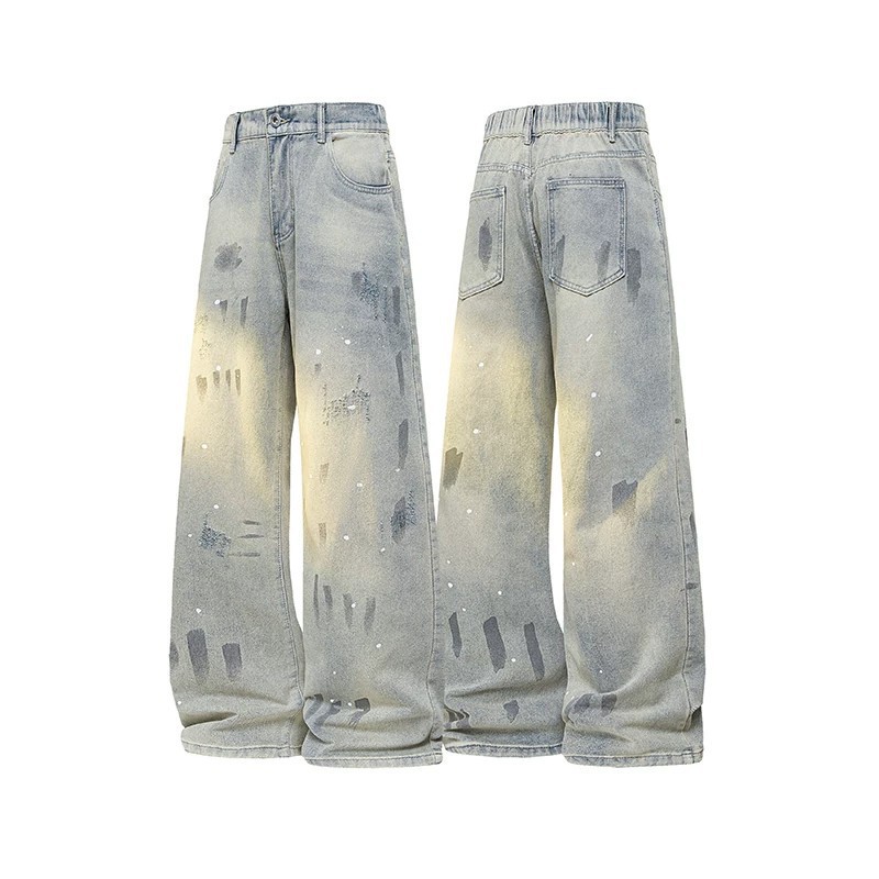 Distressed ink-splattered jeans for men and women, summer thin style, American retro pants, tie-dye, vintage high-waisted straight-leg flared jeans