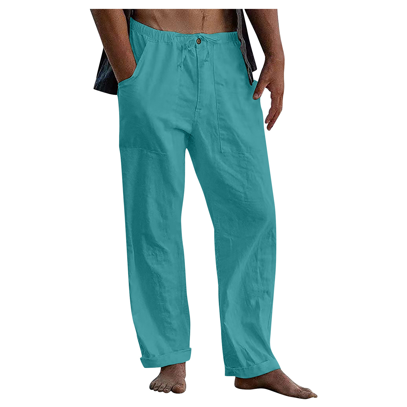 Pantalon en lin pour hommes, Yoga, plage, décontracté, taille élastique, cordon de serrage, poche de ceinture ample, été, 2024_voghion.com