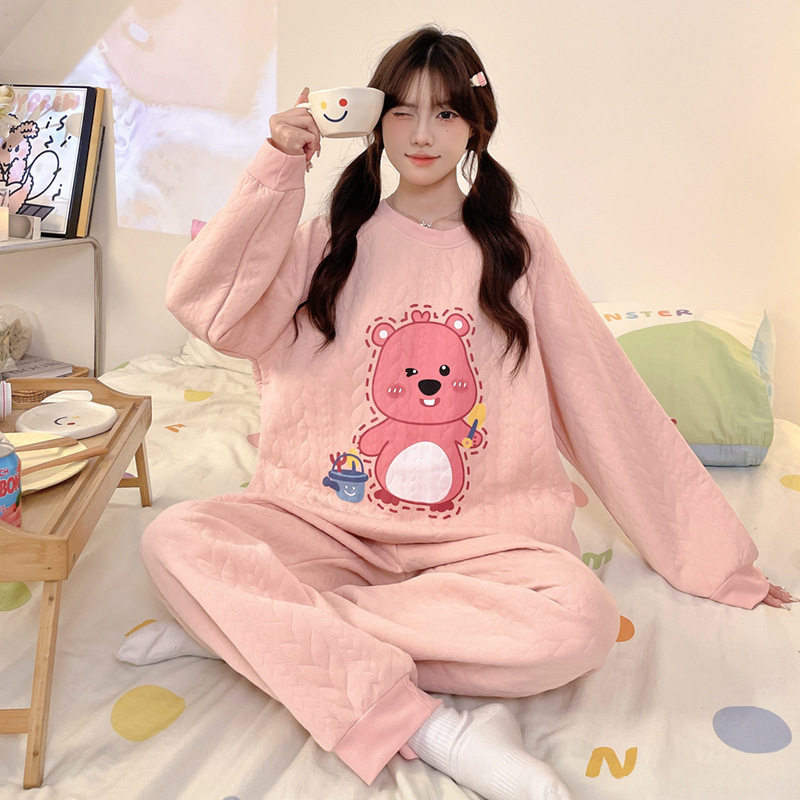 Pajamas Women's Spring Autumn and Winter Air Cotton Sandwich Thickened Pullover suit Sweet Korean Style Cute Outer Wear Home Clothes Pajamas Women's Spring Autumn and Winter Air Cotton Sandwich Thickened Pullover suit Sweet Korean Style Cute Outer Wear Home Clothes