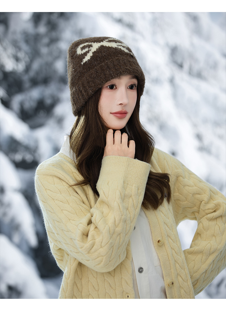 Swee Cue Bow Jacquard Knied Beanie Auumn Winer Lierary Versaile Large Head Circumference Wool Cold-proof Warm_voghion.com