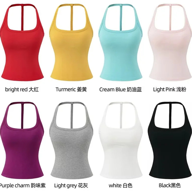 Hot Girl Pure Color U-Neck Sports Vest Women's Summer Multi-Color Basic Tight-Fitting Backless Yoga Halter Top