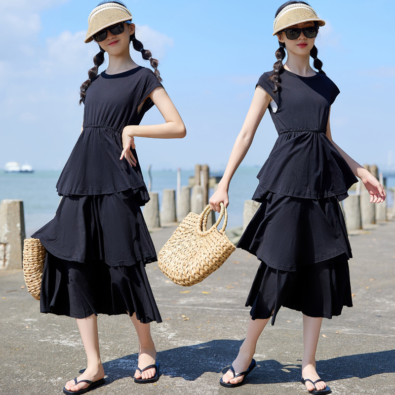Ropa de estilo japonés para niños vestido negro de verano para niñas 2024 nueva falda de pastel para niños vestido de princesa para niñas de longitud media