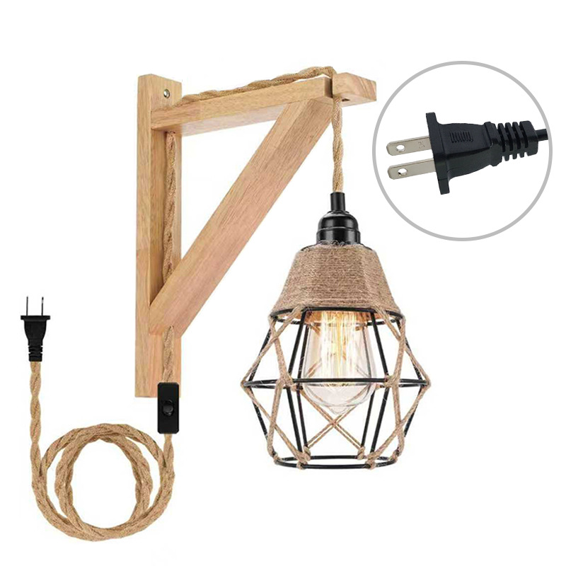 Explosiones transfronterizas dedicadas a lámparas de Zhongshan estilo retro industrial americano de hierro artesanal interruptor de cable de cáñamo enchufe lámpara de pared
