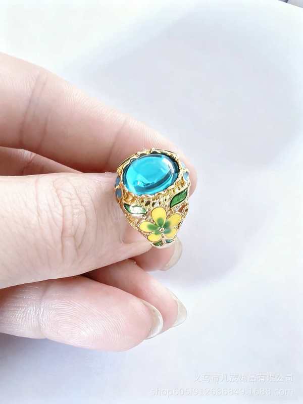 ベトナムの砂金エナメル蝶の花の指輪をまねるレトロな女性の指輪は金のエナメルの指輪のアクセサリーの生放送の金をめっきします。|undefined