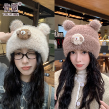 2025卡通可爱小熊包头帽秋冬加厚防寒保暖帽毛绒个性百搭帽子批发