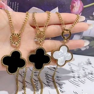 European and American Fashion Titanium Steel Sweater Chain Long Four-leaf Clover Black and White Necklace Women's All-match Distinctive Autumn and Winter Clothes Accessories