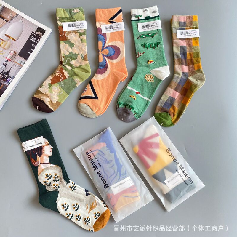 Bm Women's Mid-Calf Socks French Socks High Tube Women's Socks Oil Painting Internet Celebrity Ins Harajuku Style Trendy Personality Socks