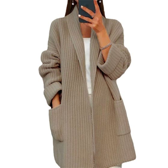 Foreign Trade Women's 2024 Autumn and Winter New Women's Thickened Solid Color V-neck Knitted Cardigan Loose Pocket Sweater Jacket