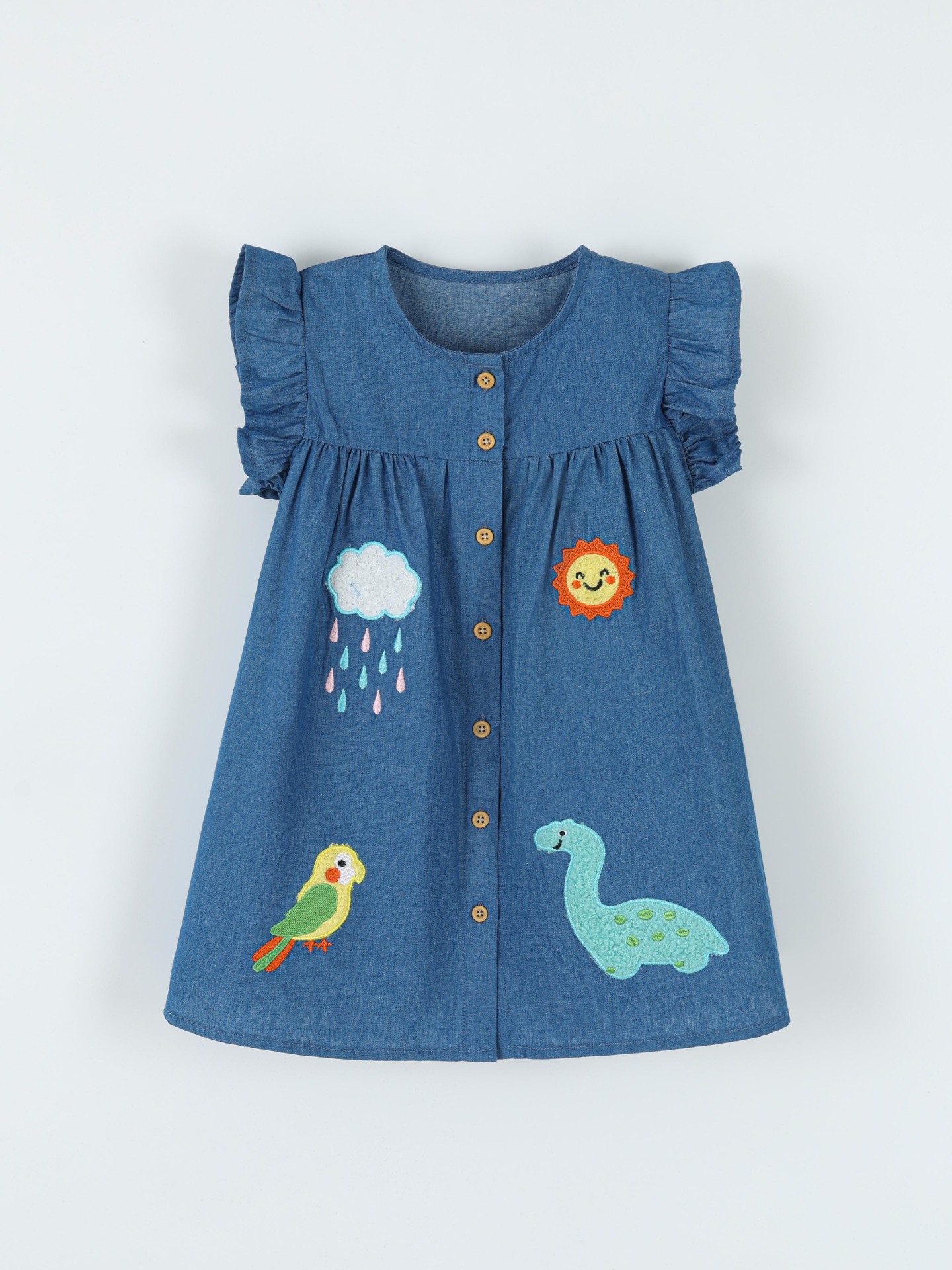 Procesamiento personalizado europeo y americano de niñas de manga corta denim falda de verano vestido de niños tejido bordado de dibujos animados vestido de moda infantil