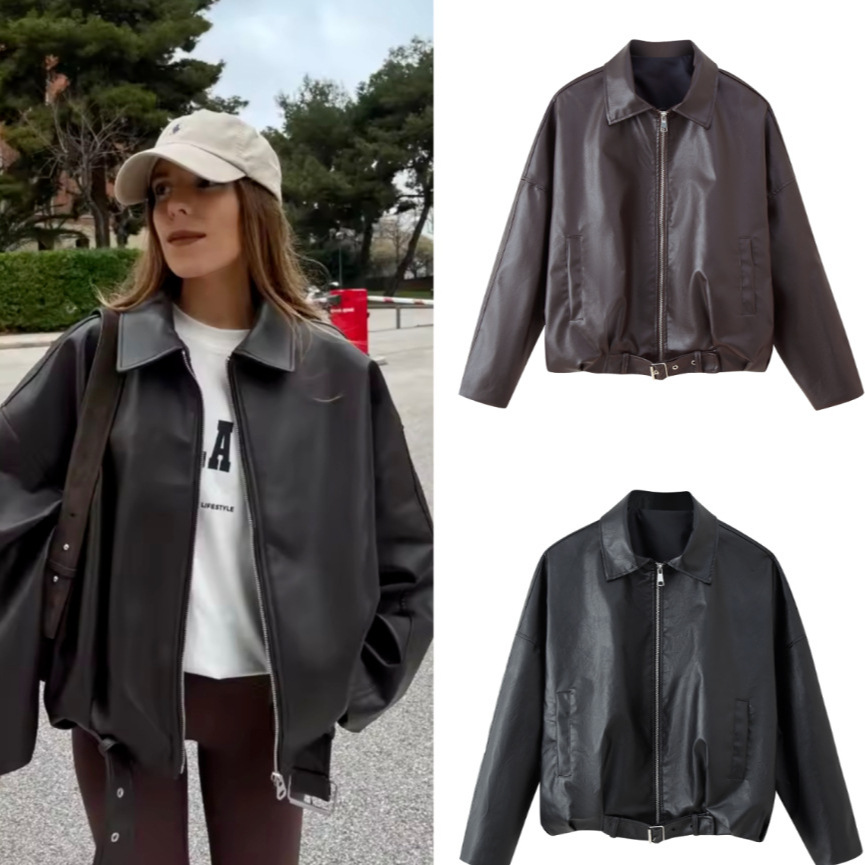 Cross-Border European and American Clothing, Aliexpress Hot-Selling Fashion, American Retro Leather Jacket, Belt, Long-Sleeved Jacket