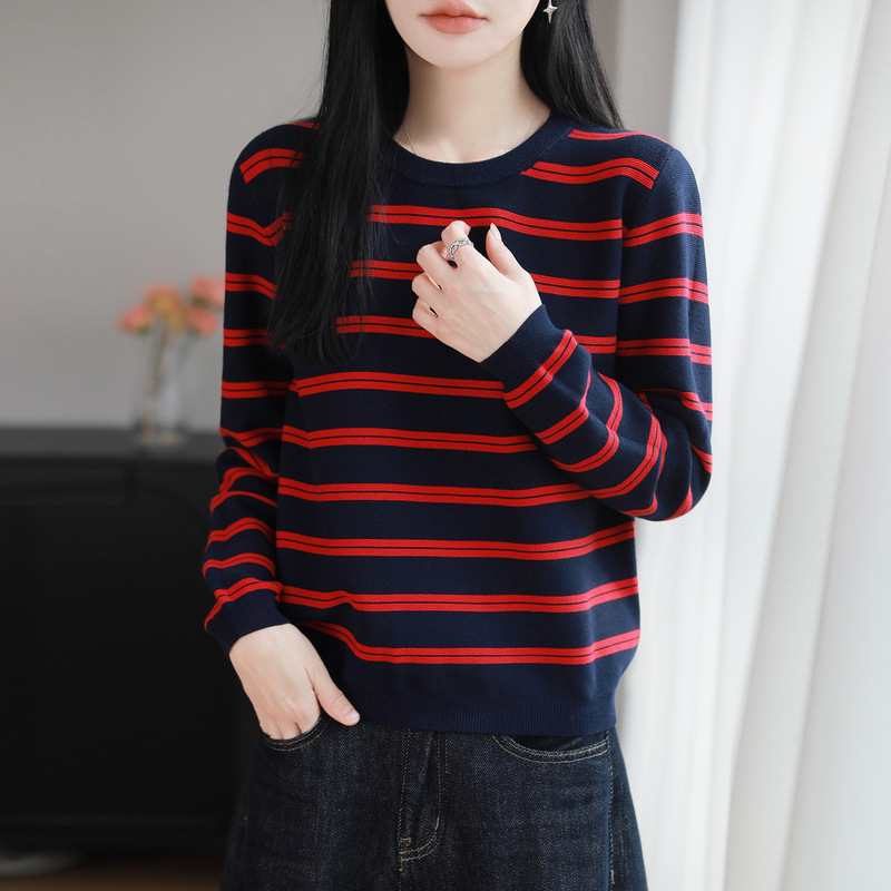 Cross-border retro striped round-neck pure cotton knit sweater for women, long-sleeved, loose-fitting, slimming, versatile, casual, and relaxed style Cross-border retro striped round-neck pure cotton knit sweater for women, long-sleeved, loose-fitting, slimming, versatile, casual, and relaxed style