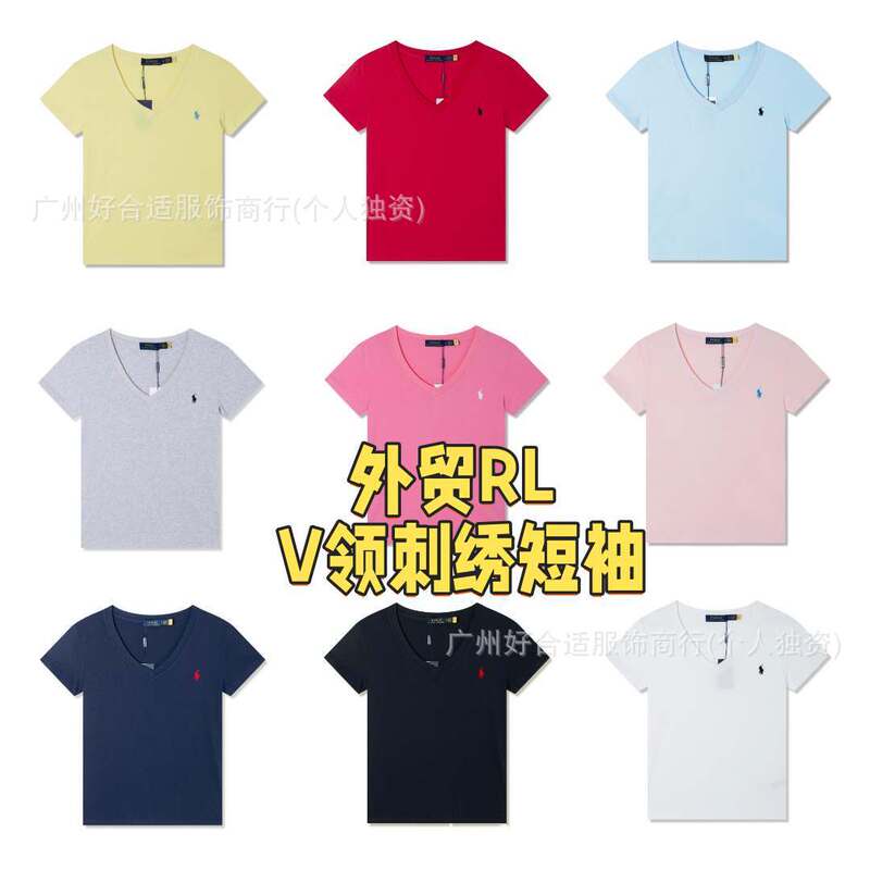 Export Version Rl Ralph Lauren Embroidered Classic Basic Style Trendy Slim-Fit V-Neck Short-Sleeve T-Shirt for Women Export Version Rl Ralph Lauren Embroidered Classic Basic Style Trendy Slim-Fit V-Neck Short-Sleeve T-Shirt for Women