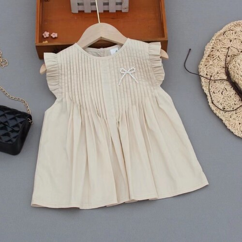 Girls' Organza Pleated Vest Top, Mid-to-Large Kids' Summer Wear, New Sleeveless Blouse, Doll-Style Shirt, 2024 Parent-Child Outfit