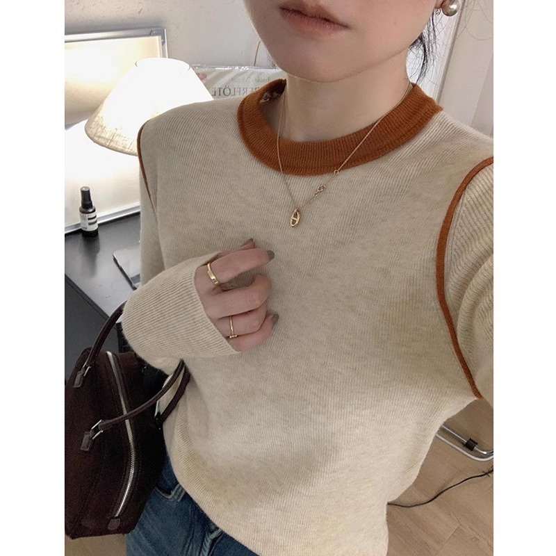 高级感拼色圆领针织打底衫女早秋季修身套头软糯毛衣内搭长袖上衣|undefined