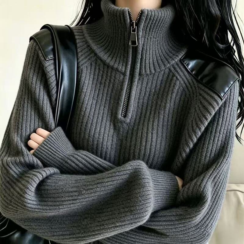 Lazy-style half-zip high-neck sweater for women, winter knit short-sleeve top, 2026 trendy and youthful women's fashion Lazy-style half-zip high-neck sweater for women, winter knit short-sleeve top, 2026 trendy and youthful women's fashion