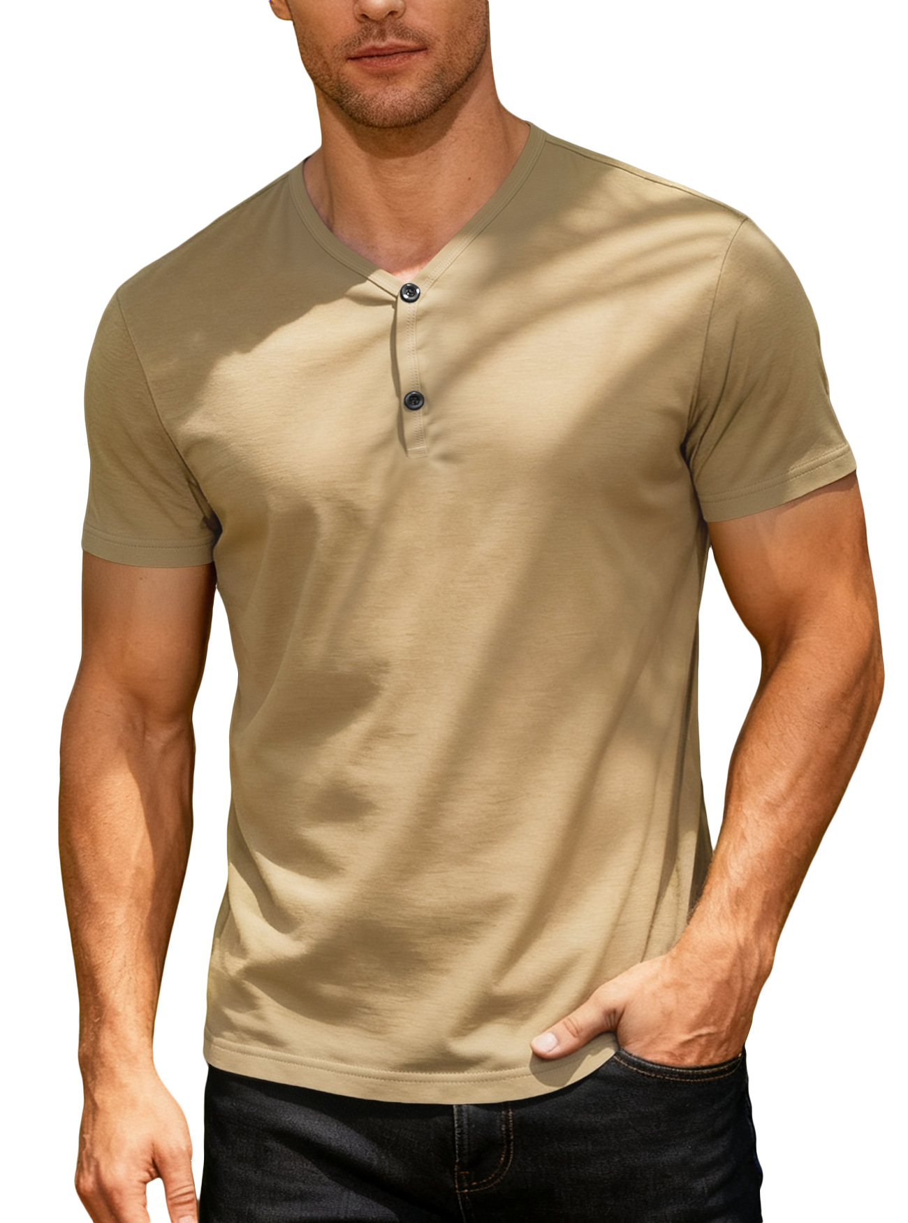 2025 TEMU transfronterizo hombre europeo y americano color sólido cuello V transpirable sudor deportivo casual ligero camiseta de manga corta regular