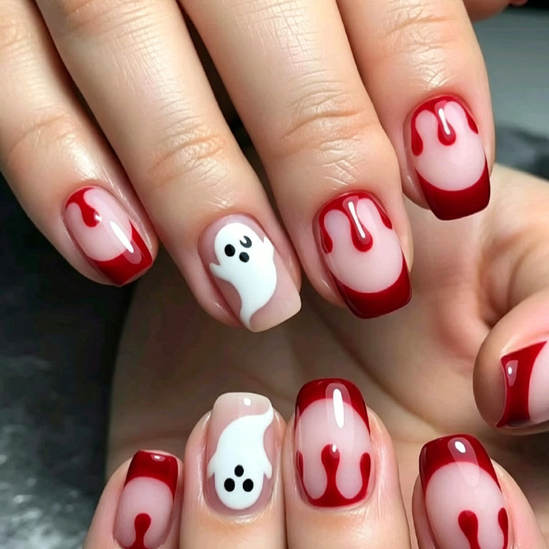 Cross-Border Halloween Blood Drop French Manicure, Scary Eyeball Dark Style Hot Girl Nail Art, 24-Piece Nail Stickers