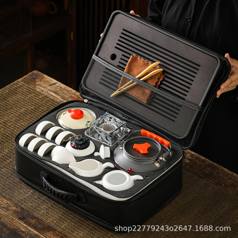 Outdoor Travel Tea Set Portable Bag Kung Fu Car Camping with Water Boiler Storage Teapot Equipment