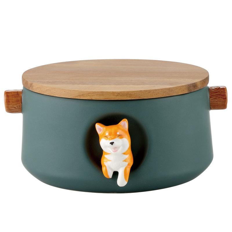 Cerámica tazón de fideos instantáneos con tapa Shiba Inu gran estudiante dormitorio fideos instantáneos taza tazón set Bento caja regalo