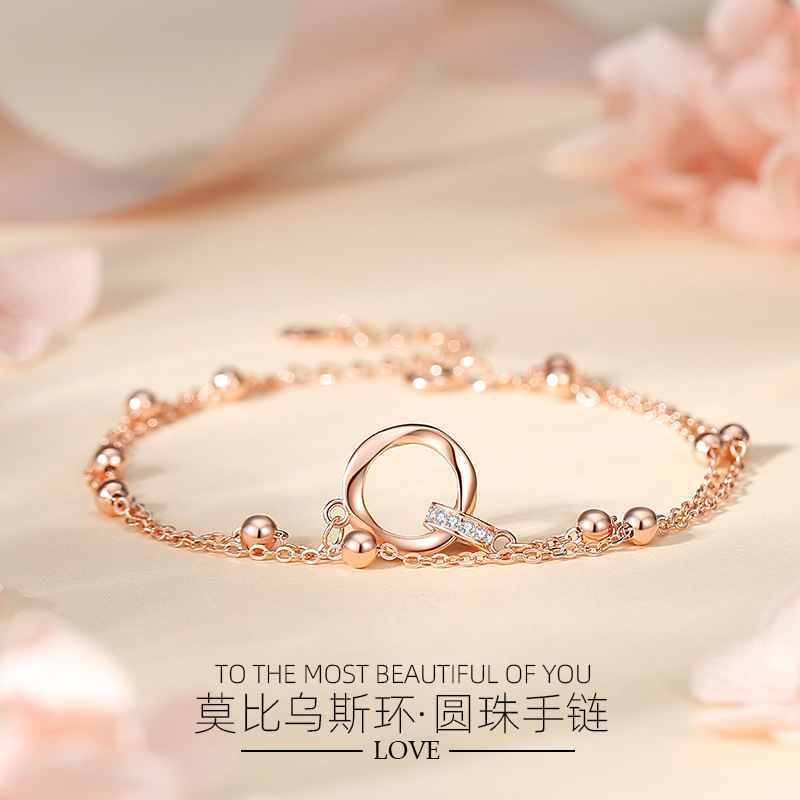 S925 plata Mobius grano redondo pulsera doble anillo estilo coreano fresco romántico doble capa pulsera encantadora joyería