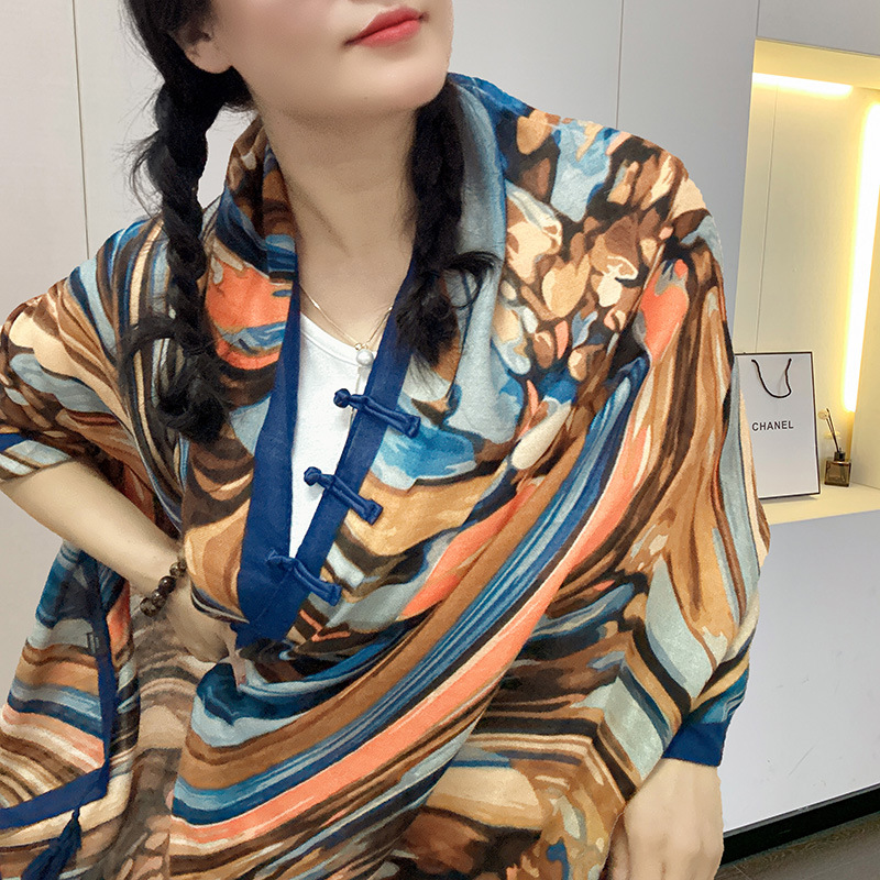 国风韩版大尺寸盘扣巴厘纱丝巾防晒围巾女新款薄款秋冬护颈披肩