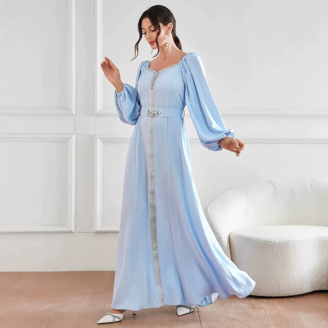 中东穆斯林女装时尚跨境外贸热卖夏秋季气质优雅高腰钉钻连衣裙