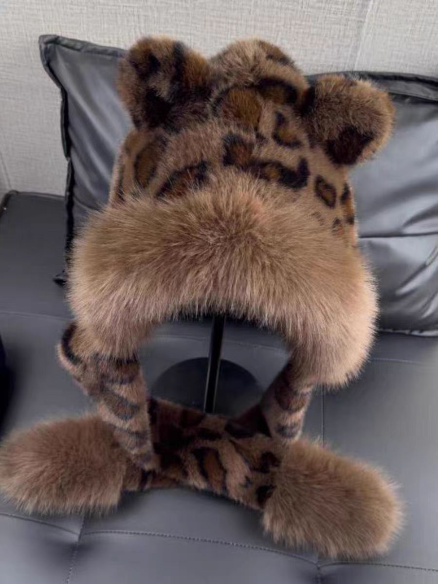 Invierno nuevo oso orejas gorra de peluche leopardo gorra bufandas sombrero de mujer en un espesor de protección de orejas caliente gorra Thunderfeng
