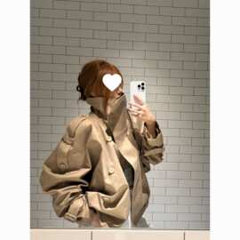F6Q斜立领双排扣下摆收褶美拉德高级感短款风衣女2025秋季新款夹