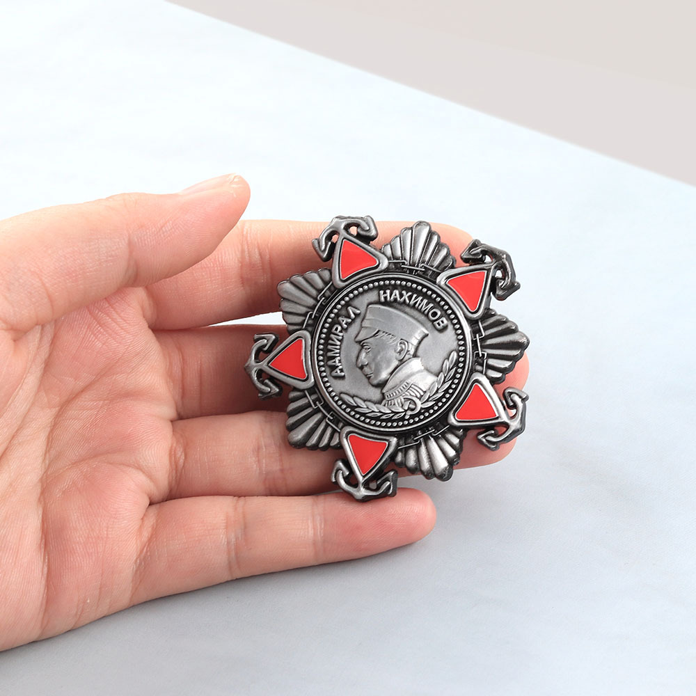 Replica of the Soviet Nakhimov Medal, Vintage Distressed Craftsmanship, Red Enamel Commemorative Badge Collection Pin