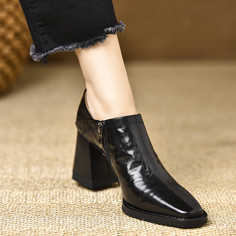 Women's Retro Chunky Heel Shoes Square Toe With Side Zipper_voghion.com
