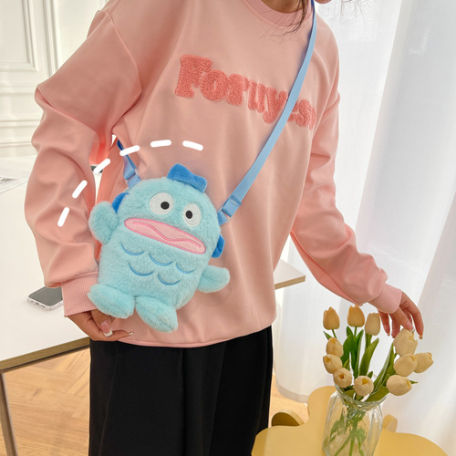  New Cute Plush Cartoon Bag with Personalized Little Fish Character Shoulder Crossbody Bag for Girls