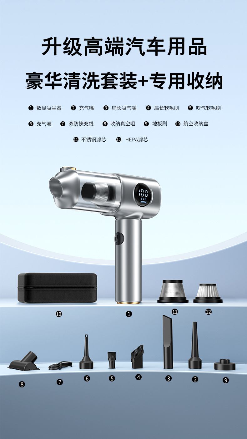 Wireless Car Vacuum Cleaner Digital Display Household Small Portable Lithium Battery Five-In-One Powerful Suction Handheld Hair Suction Device