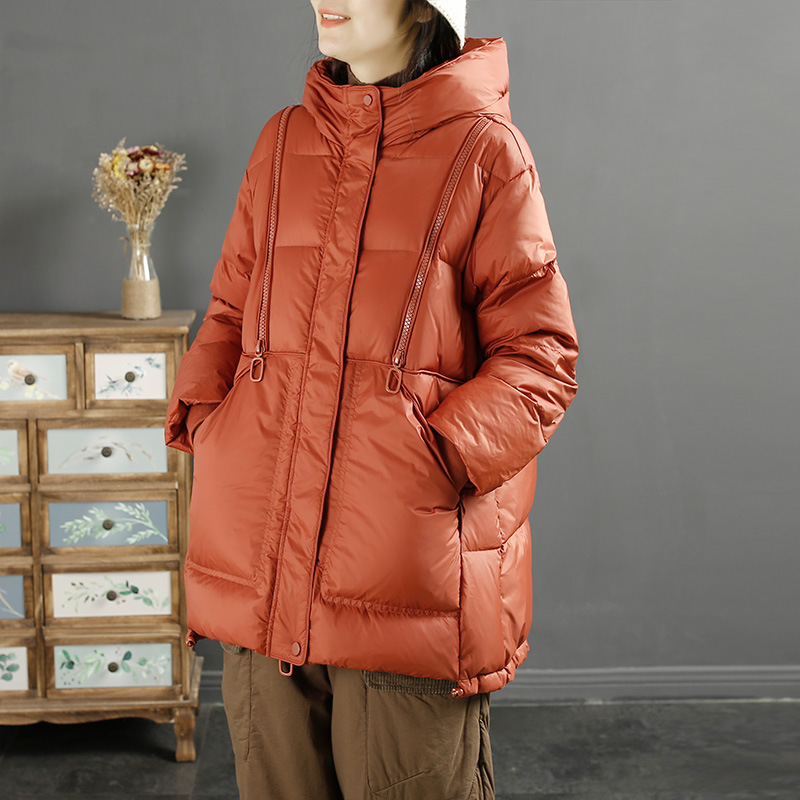 Korean-style hooded mid-length down jacket for women 2024 new Korean-style double zipper design warm winter coat Korean-style hooded mid-length down jacket for women 2024 new Korean-style double zipper design warm winter coat