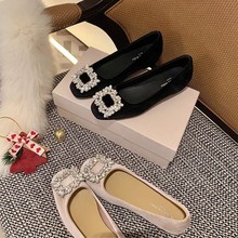 现货~【sheii苏茵茵】法式水钻方扣浅口新款平底单鞋女通勤鞋婚鞋