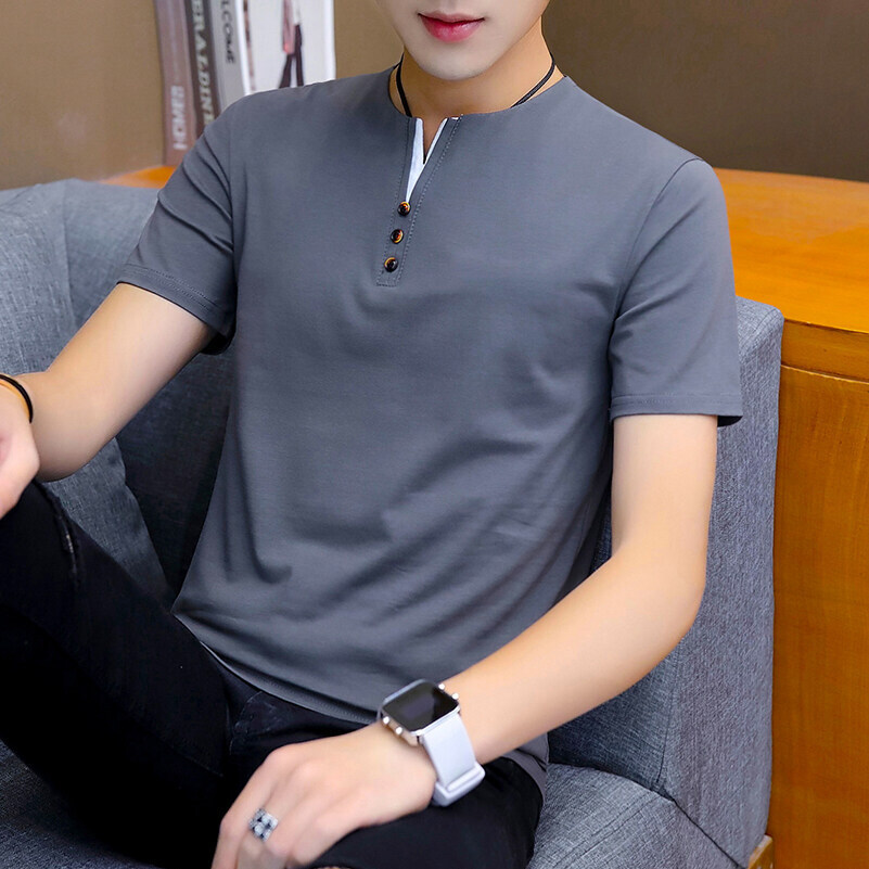 Camiseta de manga corta transfronteriza para hombres tendencia suelta de verano camiseta de cuello en V ropa de camiseta de comercio exterior de algodón universal camiseta base para hombres