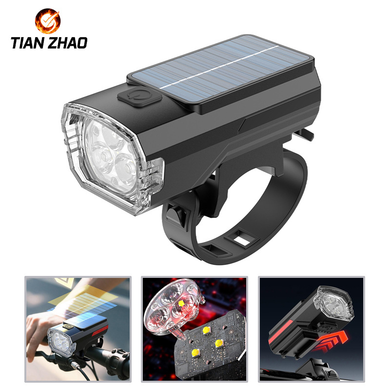 Solar Bicycle Headlight Strong Light Three Lamp Beads High Brightness Mountain Bike Night Riding Lighting Cycling Light Children's Equipment