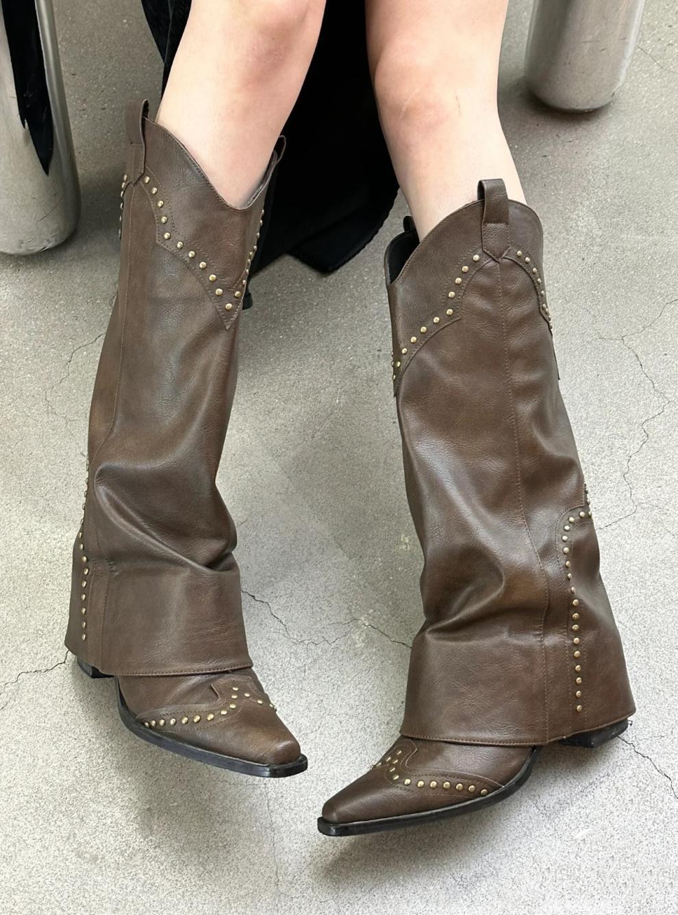 2025 Spring and Autumn Season New Pointed Rivet Trouser Sleeve Show Slim Western Cowboy Boots Thick Heel Side Zipper_voghion.com