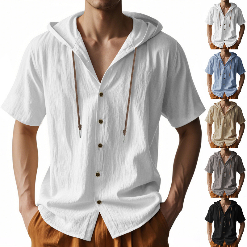 Cross-Border Tk Amazon American-Style Summer Thin Breathable Linen Amekaji Loose Hooded Men's Short-Sleeve Shirt Cross-Border Tk Amazon American-Style Summer Thin Breathable Linen Amekaji Loose Hooded Men's Short-Sleeve Shirt