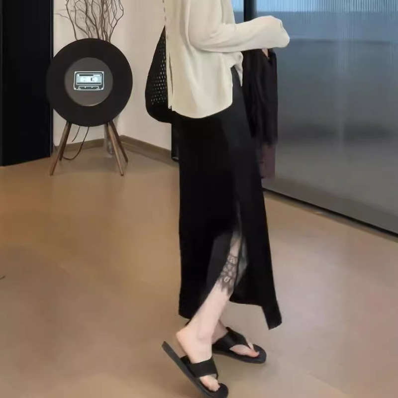 plus size Black Skirt Women's Summer High Waist Slimming A- Line Skirt Lace Stitching Split Elegant Mid-Length Skirt