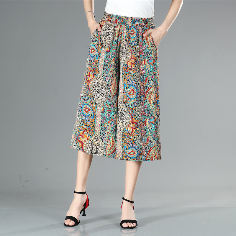 Summer Women's Cropped Pants for Middle-Aged and Elderly Mothers, Elastic Waist, Thin Wide-Leg Pants, High-Waisted Skirt Pants, Casual and Versatile