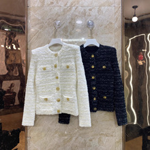 深圳南油新款气质小香风甜美时尚显瘦圆领单排金扣粗花羊毛呢外套