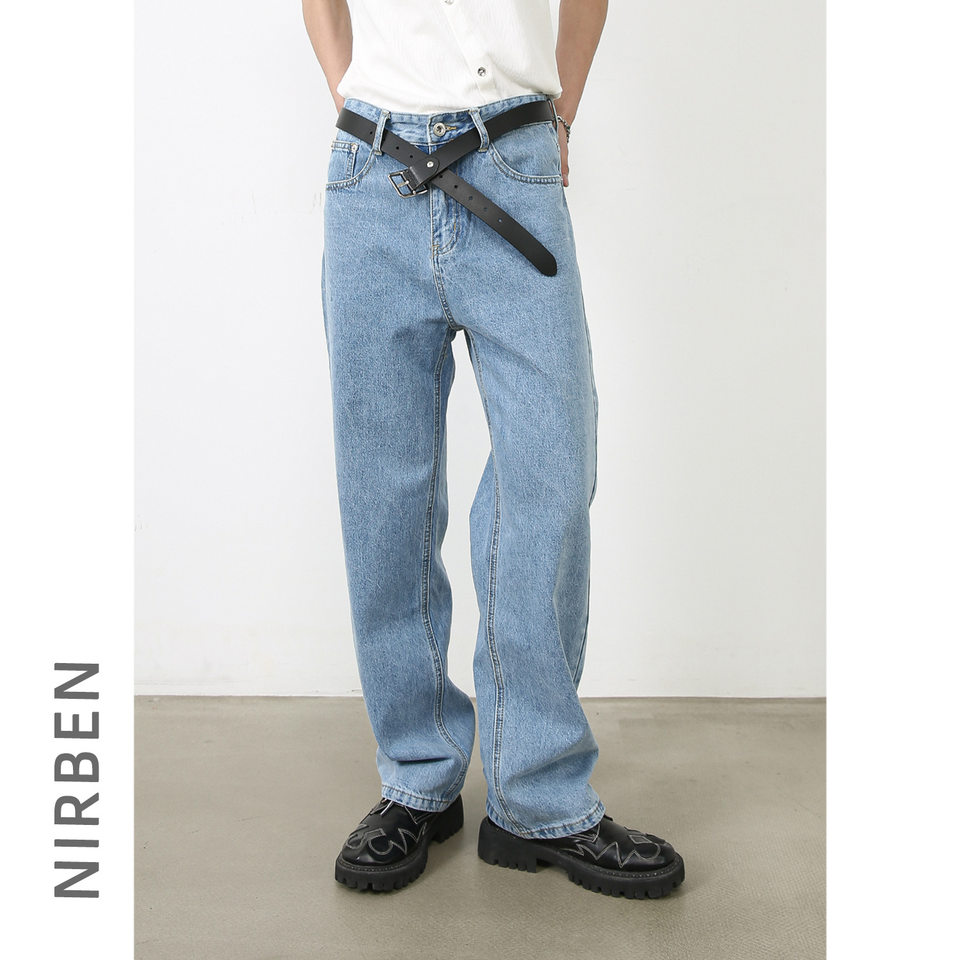 Quần jean nam ống đứng giặt cổ điển phong cách đường phố, form suông đơn giản dễ phối — Xanh lam nhạt
