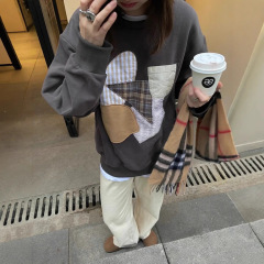 美式复古小众拼接圆领卫衣女秋冬洋气休闲设计感oversize长袖上衣