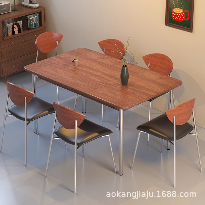 Solid Wood Dining Table for Home Small Apartment Slate Table Mid-Century Style Rectangular Dining Table Restaurant Retro Walnut Table and Chairs