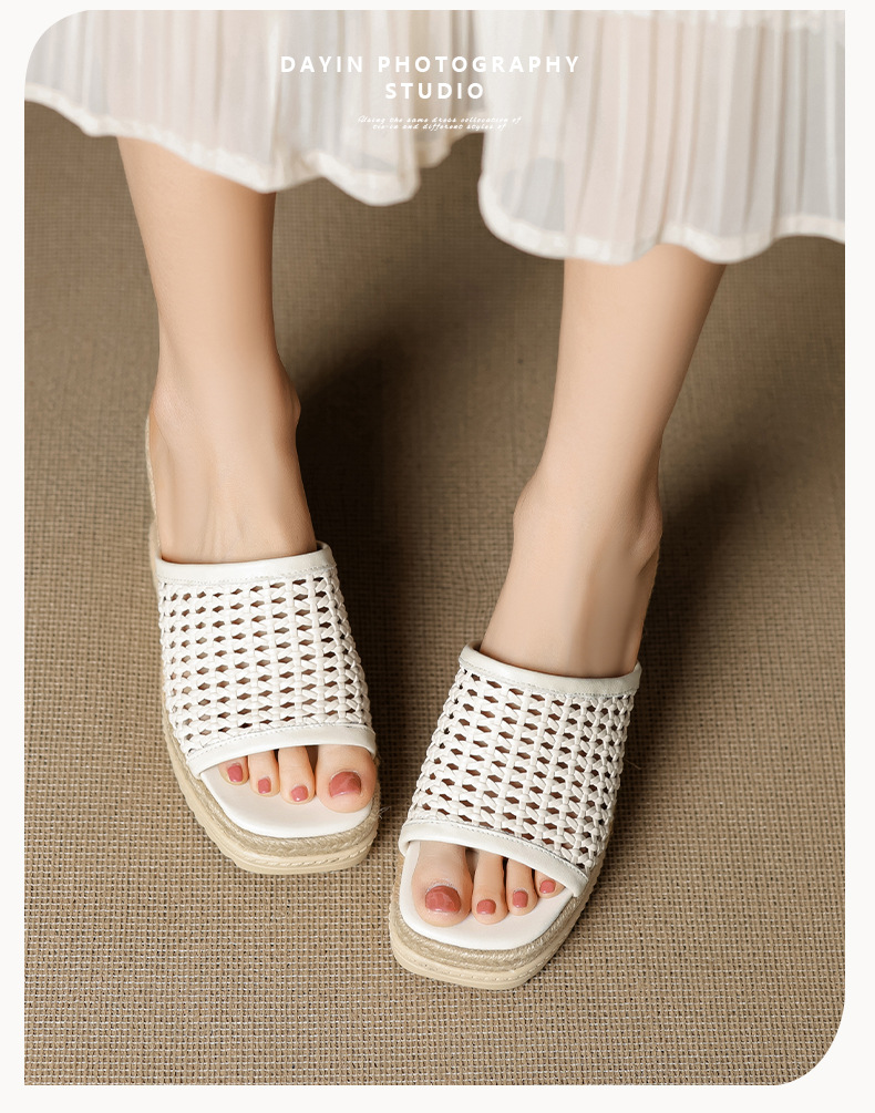Sandal cao gót nữ mũi vuông đế rơm gót 10 cm — màu đen, màu trắng chi tiết 3
