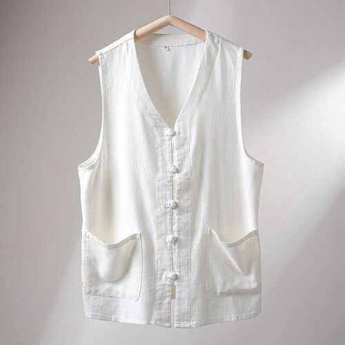 Chinese-style mandarin collar loose linen vest jacket with natural linen and breathable design, summer men's traditional Chinese retro buttoned lapel