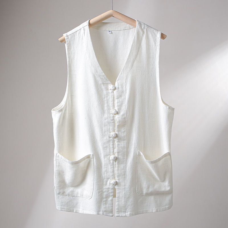 Tang Suit Natural Linen Breathable Summer Men's Chinese Style Vintage Buckle Collar Loose Linen Vest Vest Jacket