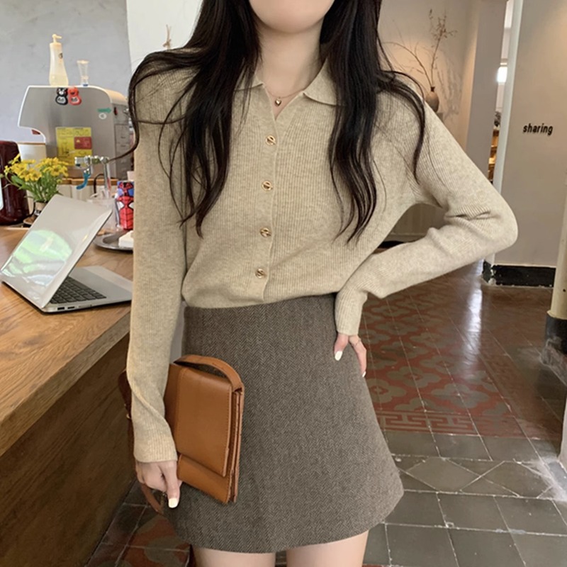 别致polo领纽扣针织羊毛衣外套秋chic法式复古内搭长袖上衣女开衫|undefined