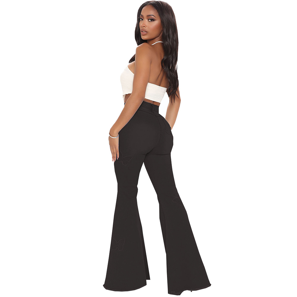 butterfly print wide-leg stretch jeans nihaostyles wholesale clothes NSSF88980